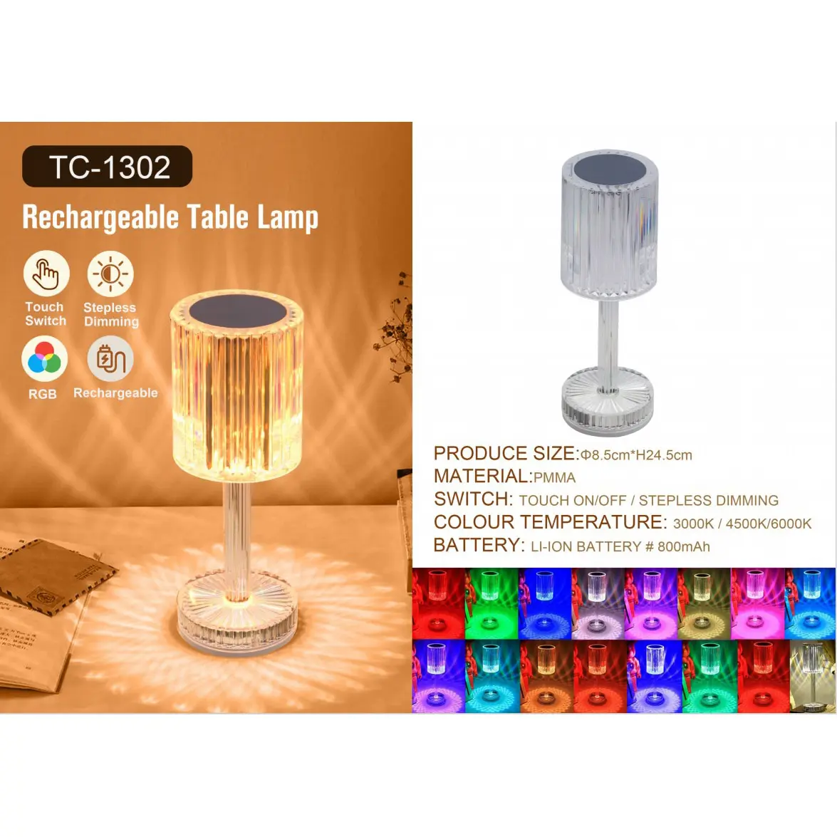 Portable Crystal Table Lamp,3 Color